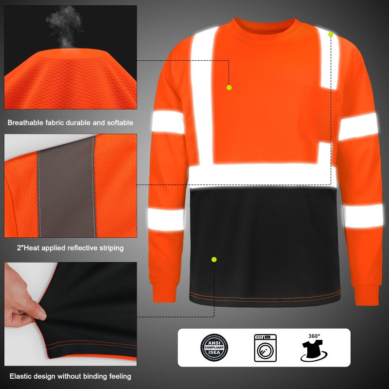 DPSAFETY High Visibility Class 3 T Shirts,Hi Vis Safety Shirts with Reflective Strips and Pocket, Long Sleeve Quick Dry Mesh Construction Work Shirt for Men/Women Black Bottom Orange,Small - Image 2